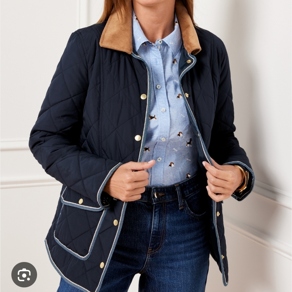 Talbots Women's Quilted Navy Jacket with Tan Accents petite small